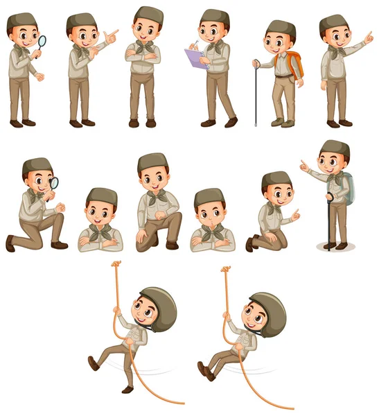 Muslim boy in safari outfit doing different actions — Stock Vector