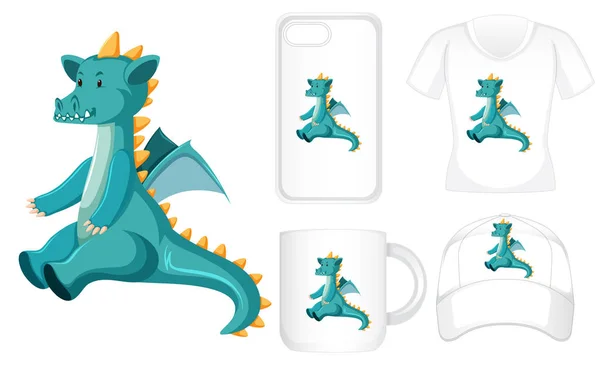 Diseño gráfico en diferentes productos con dragón verde — Vector de stock