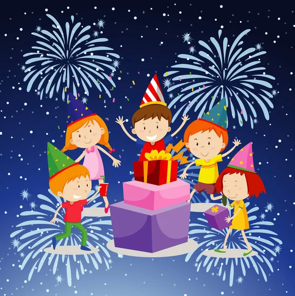 Bambini felici con regali e fuochi d'artificio — Vettoriale Stock