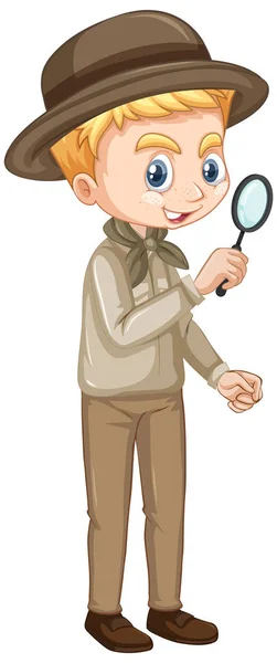在孤立的背景上戴放大镜的男孩 — 图库矢量图片