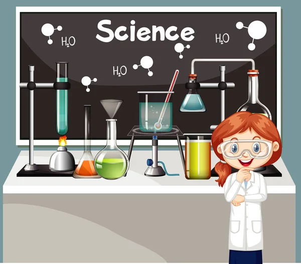 Conseil scientifique avec fille et équipements — Image vectorielle