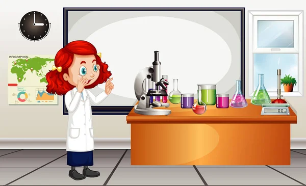 Вчений дивиться на лабораторне обладнання в кімнаті — стоковий вектор