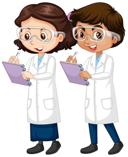 Boy and girl in science gown writing notes - Stok Vektor