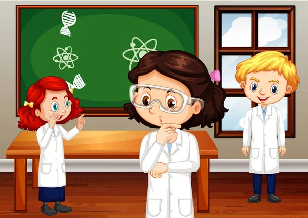 Estudantes de vestido de ciências em pé em sala de aula —  Vetores de Stock
