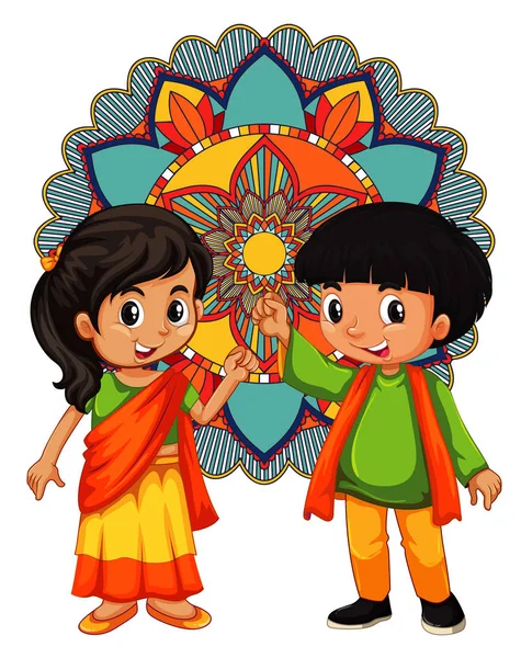 具有曼陀罗背景的印度男孩和女孩 — 图库矢量图片