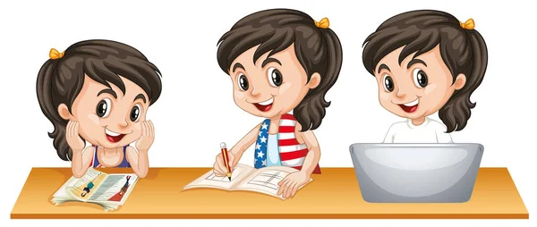 Girl with happy face doing three different things on table — Stock Vector