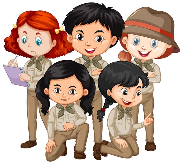 Πέντε παιδιά με στολή σαφάρι στέκονται — Διανυσματικό Αρχείο