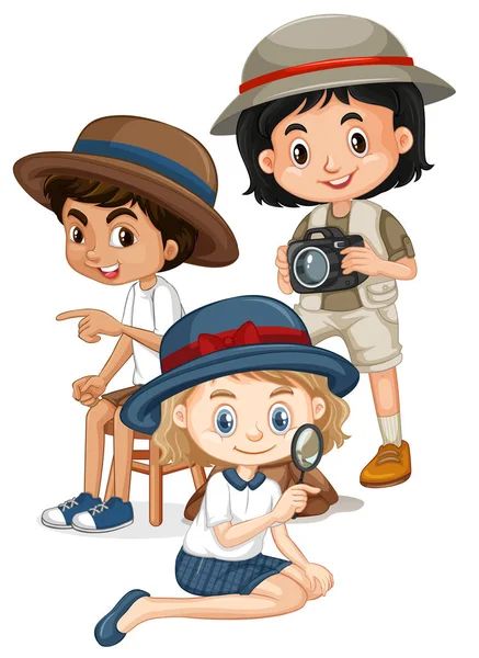 Троє дітей зі збільшувальним склом і камерою — стоковий вектор
