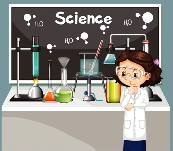 Escena en el aula con equipos de chica y de laboratorio — Vector de stock