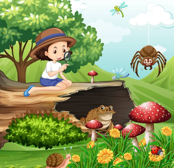 Cena com menina olhando para insetos no jardim —  Vetores de Stock