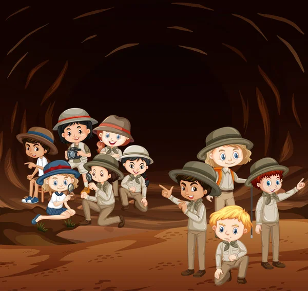 Scéna s mnoha dětmi v jeskyni — Stockový vektor