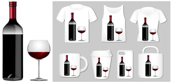 Garrafa de vinho e vidro em diferentes modelos de produto —  Vetores de Stock