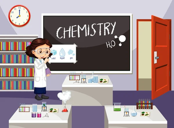 Escena de aula con estudiante de ciencias dentro — Vector de stock