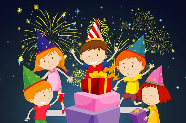 Niños felices teniendo fiesta con fuegos artificiales y regalos — Vector de stock