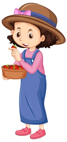 One happy girl with strawberries in bowl — Stock Vector
