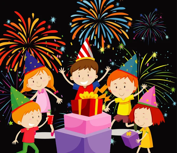 Happy children having party with presents and fireworks — Stock Vector