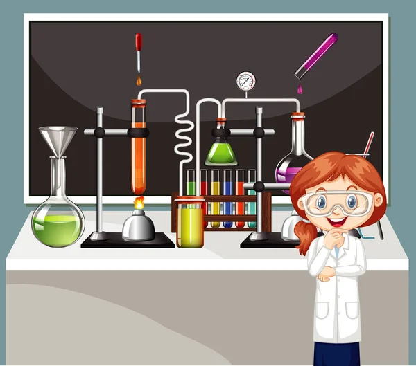 Scena szkolna z uczniem i sprzętem naukowym — Wektor stockowy