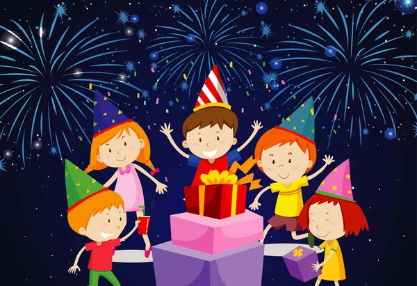 Many children having party with fireworks in background — Stock Vector