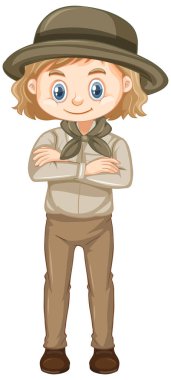 Beyaz arka planda safari kıyafetli bir kız.