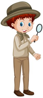 Beyaz arka planda büyüteç olan çocuk