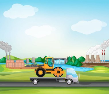 Endüstriyel bölgede kamyonda yol silindirli sahne