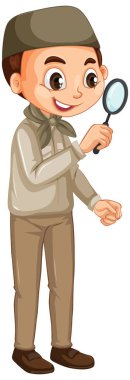 İzole edilmiş arka planda büyüteç takan Müslüman çocuk.