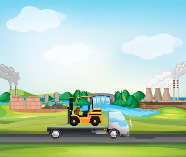 Endüstriyel bölge boyunca giden kamyonetli sahne