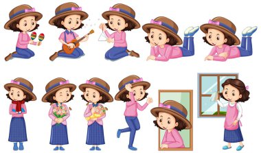 Pembe tişörtlü kız farklı şeyler yapıyor.