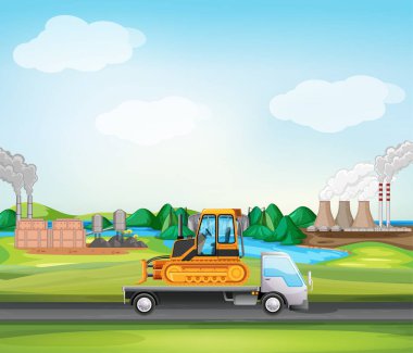 Endüstriyel bölge boyunca giden kamyonetli sahne