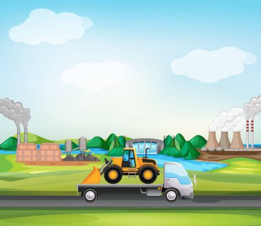 Endüstriyel bölge boyunca giden kamyonetli sahne