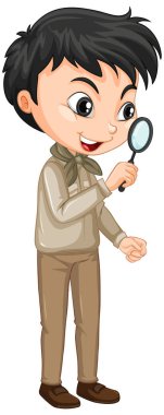 Safari kıyafetli bir çocuk izole edilmiş arka tarafta büyüteç tutuyor.