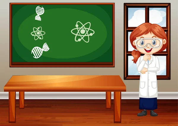 Szene mit Mädchen im Wissenschaftskleid stehend — Stockvektor
