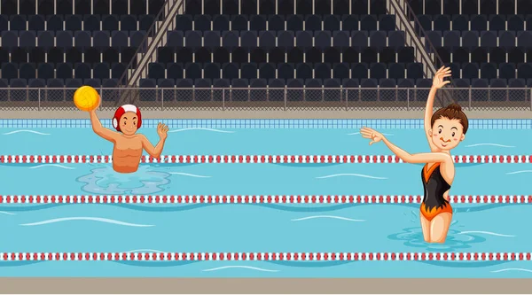 Escena con gente haciendo deportes acuáticos en la piscina — Vector de stock
