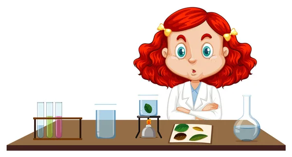 과학 드레스를 입고 식탁에 앉아 있는 여학생 — 스톡 벡터