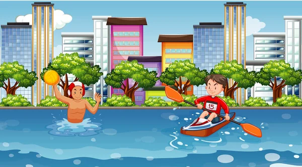 Scene with people doing water sport in the city — Stock Vector