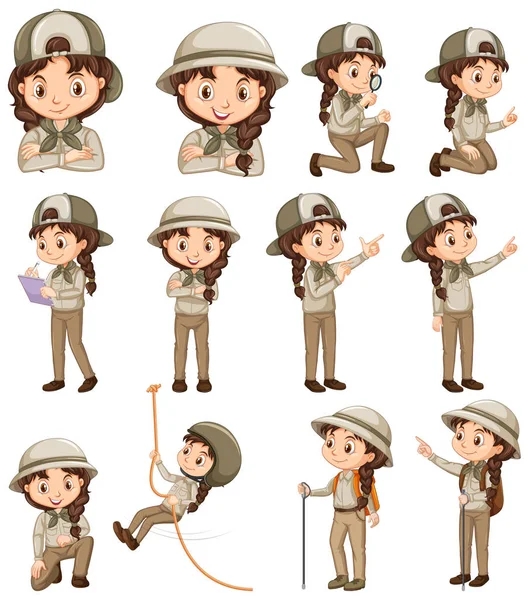 Menina de uniforme safari fazendo diferentes atividades — Vetor de Stock