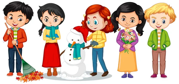 Chłopców i dziewcząt w zimowe ubrania — Wektor stockowy
