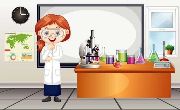 Сцена с женщиной-ученым, работающей в лаборатории — стоковый вектор