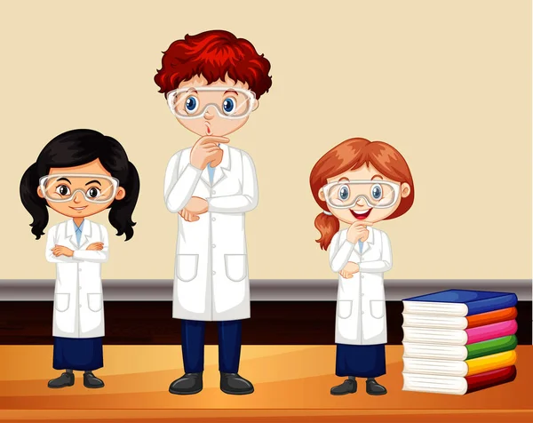 Tiga anak dalam gaun ilmu pengetahuan berdiri di dalam ruangan - Stok Vektor