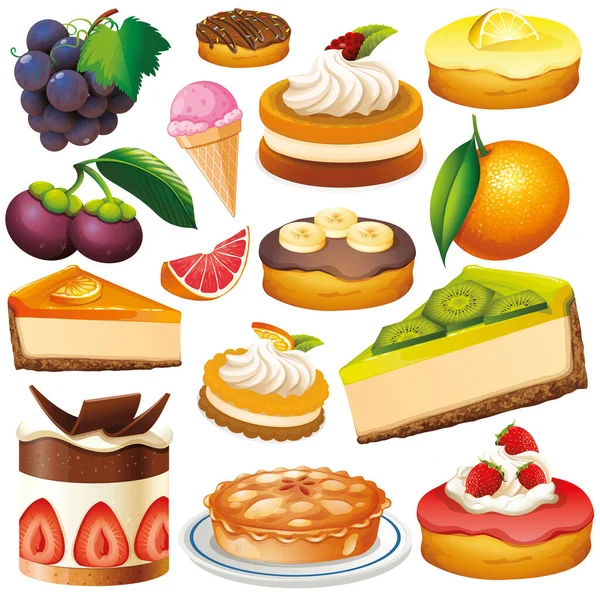 Reihe isolierter Früchte und Desserts — Stockvektor