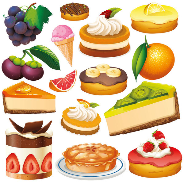 Set of isolated fruits and desserts