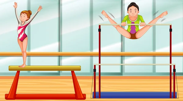 Escena con dos chicas haciendo gimnasia en la habitación — Vector de stock