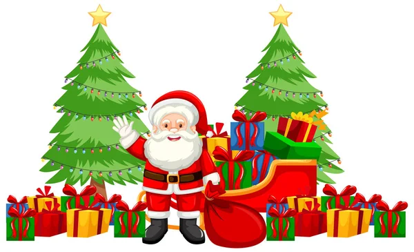 Weihnachtsthema mit Weihnachtsmann und vielen Geschenken — Stockvektor