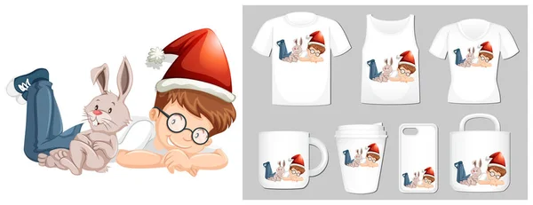 Christmas theme with boy in santa hat on product template — Stock Vector