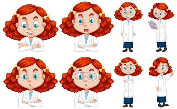 Conjunto de chica de pelo rojo en bata de laboratorio haciendo diferentes poses — Vector de stock