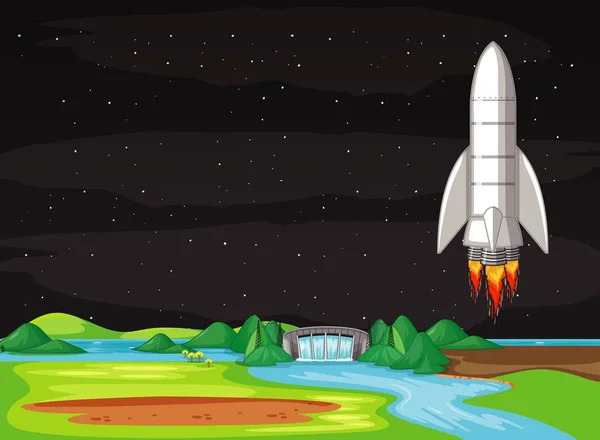 Scène avec vaisseau spatial volant dans le ciel — Image vectorielle