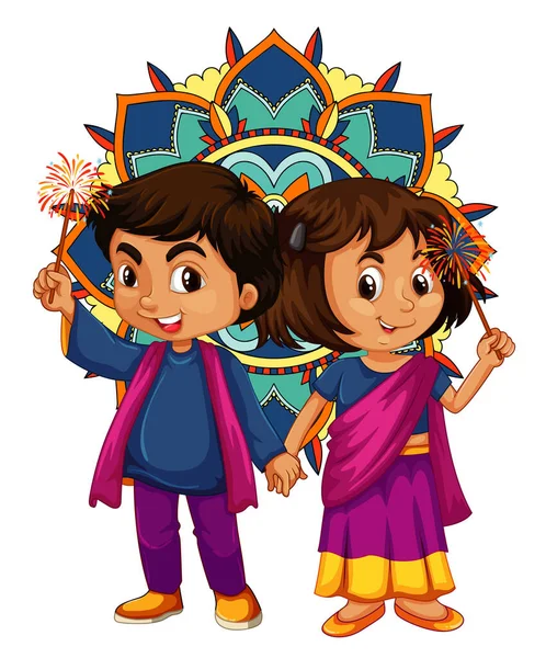 背景为曼陀罗图案的印度男孩和女孩 — 图库矢量图片