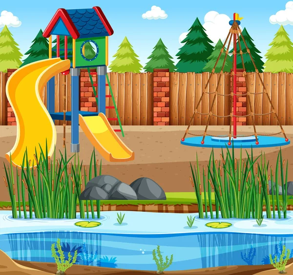 Background scene of playground with slide and pond — ストックベクタ