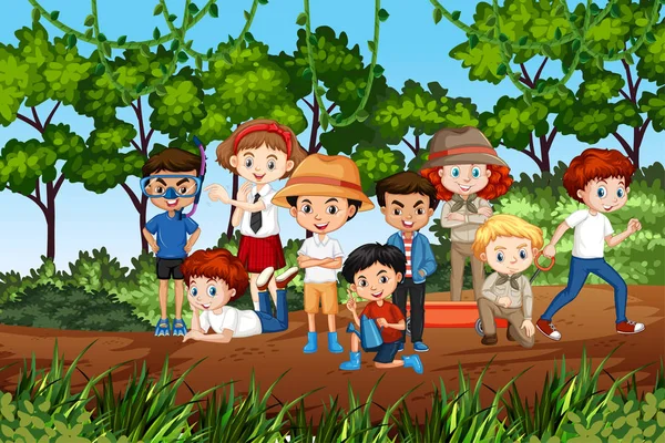 Escena con muchos niños en el parque — Vector de stock