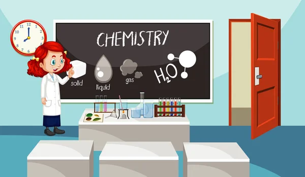 Escena de aula con estudiante de ciencias dentro — Vector de stock